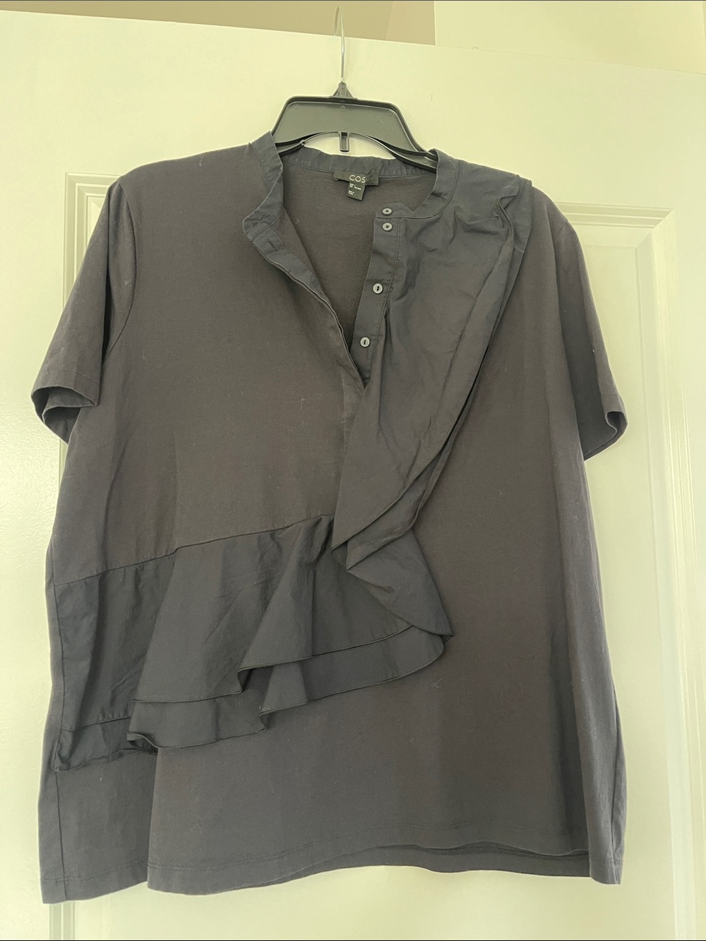 COS Navy Short Sleeve Ruffle Top size L